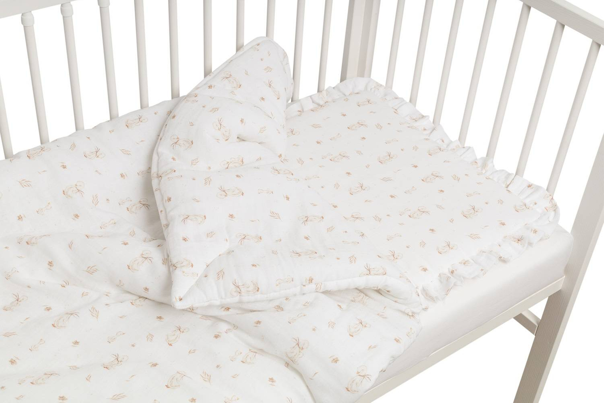 POŚCIEL MUŚLINOWA z falbanką 120x90 kołderka + poduszka WYPEŁNIENIE "MOMMY GOOSE"
