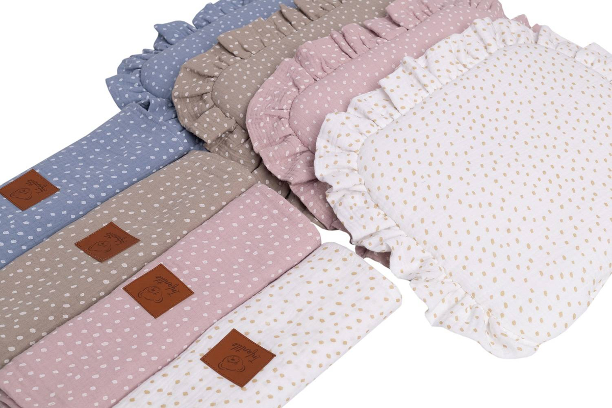 Komplet letni poduszka z falbanką i otulacz MUŚLIN DOTS