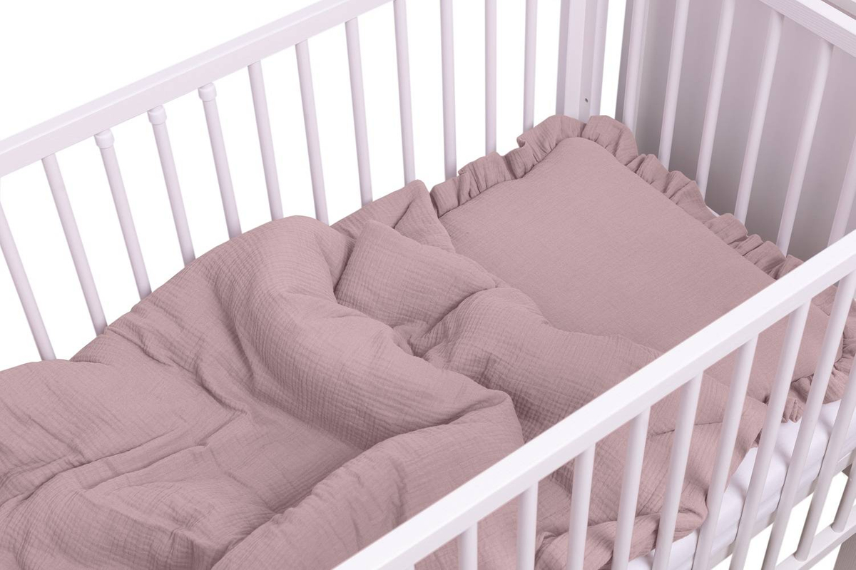 POŚCIEL MUŚLINOWA z falbanką 120x90 kołderka + poduszka WYPEŁNIENIE