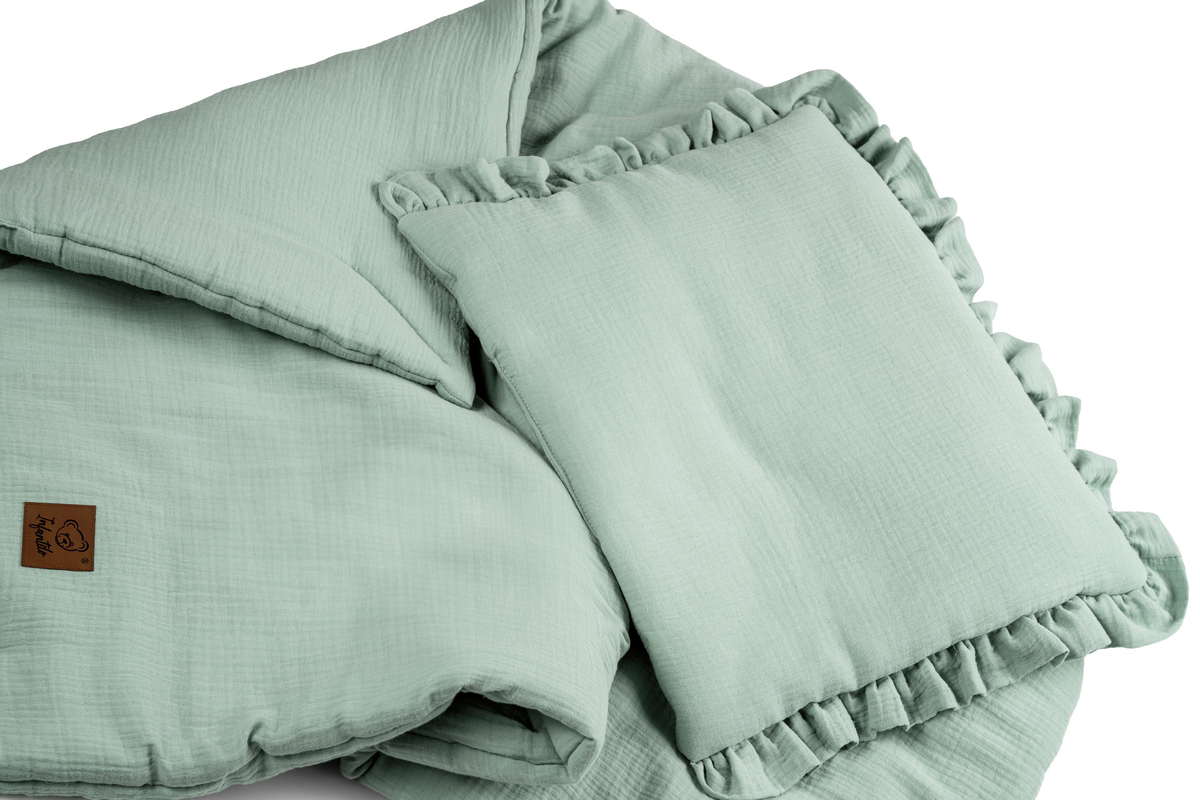 POŚCIEL MUŚLINOWA z falbanką 120x90 kołderka + poduszka WYPEŁNIENIE