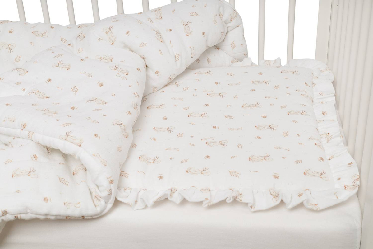 POŚCIEL MUŚLINOWA z falbanką 120x90 kołderka + poduszka WYPEŁNIENIE "MOMMY GOOSE"