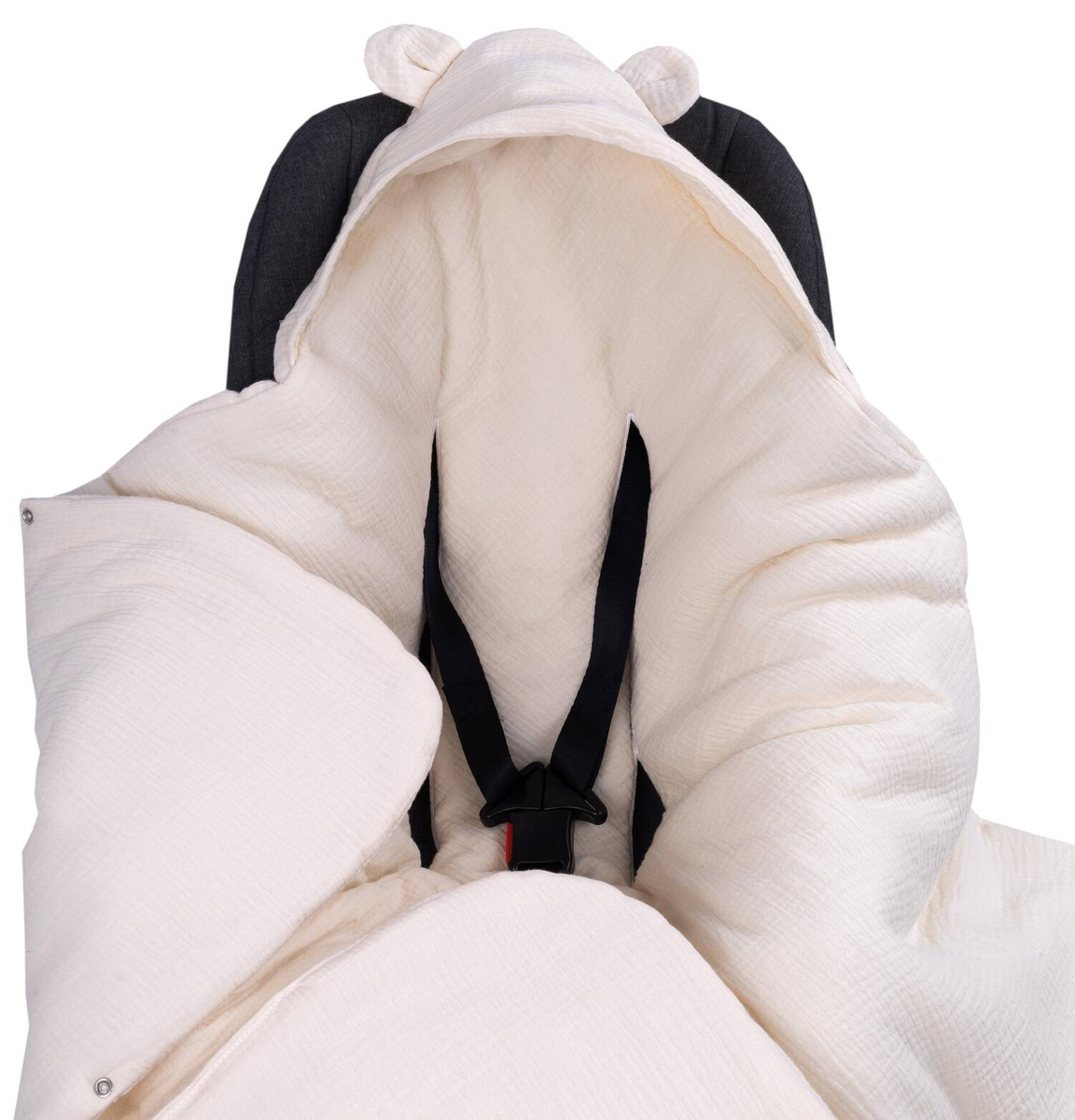 Kocyk otulacz do fotelika z kapturkiem MUŚLINOWY ocieplany