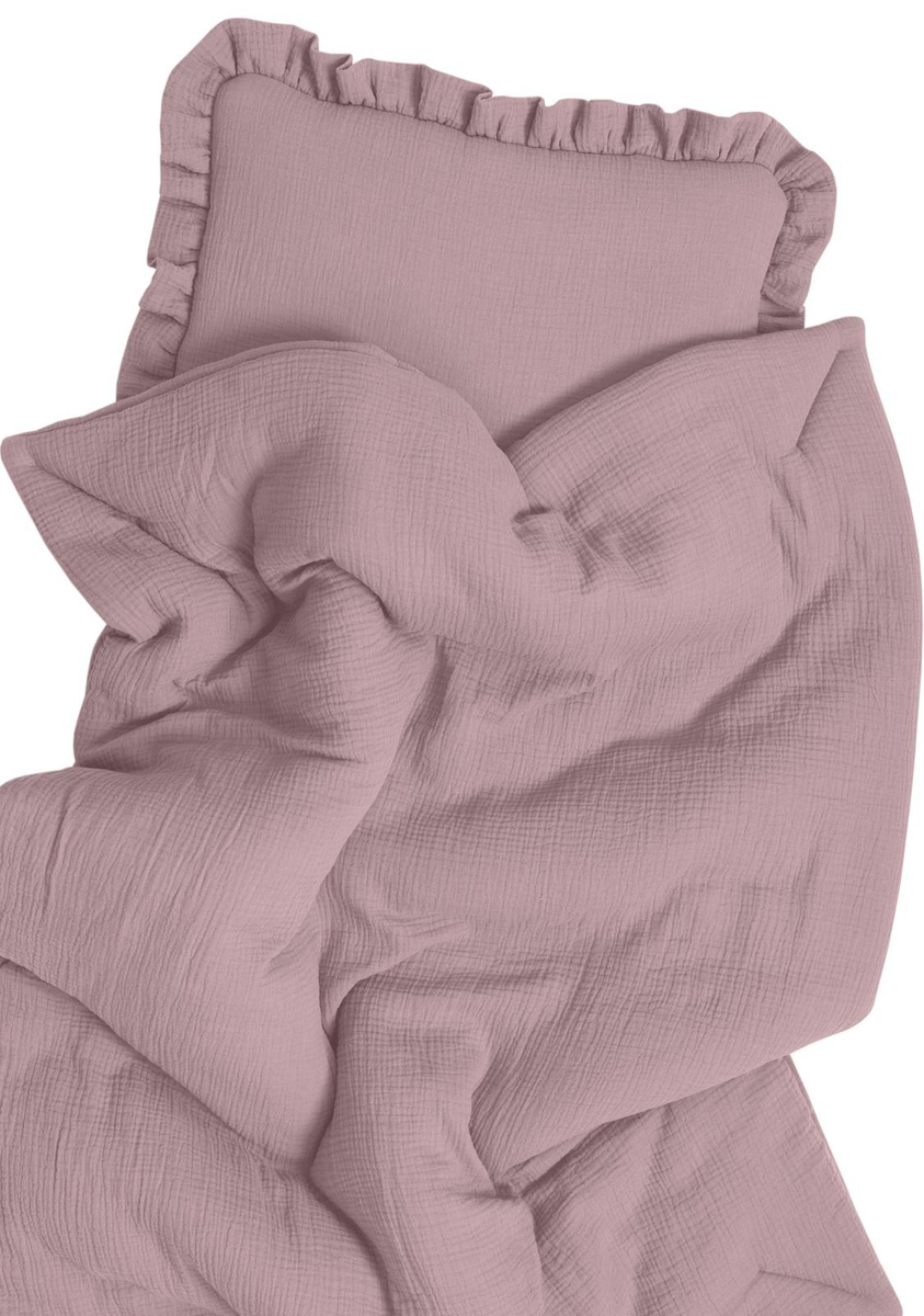 POŚCIEL MUŚLINOWA z falbanką 120x90 kołderka + poduszka WYPEŁNIENIE