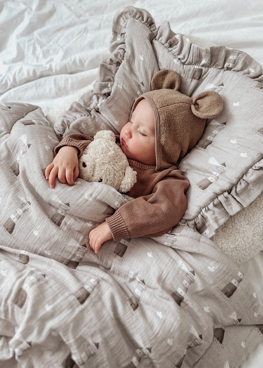 POŚCIEL MUŚLINOWA z falbanką 120x90 kołderka + poduszka WYPEŁNIENIE