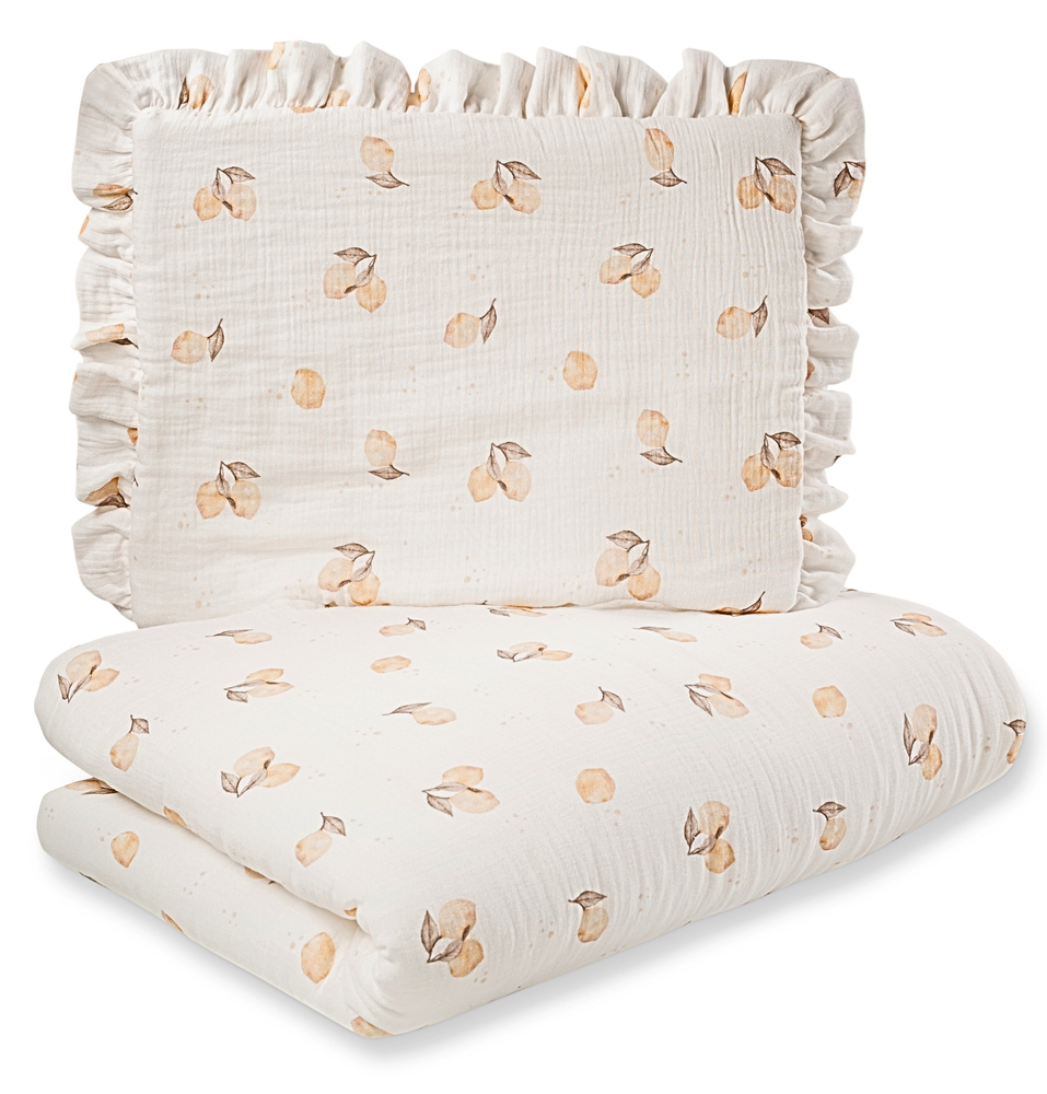 POŚCIEL MUŚLINOWA z falbanką 120x90 kołderka + poduszka WYPEŁNIENIE