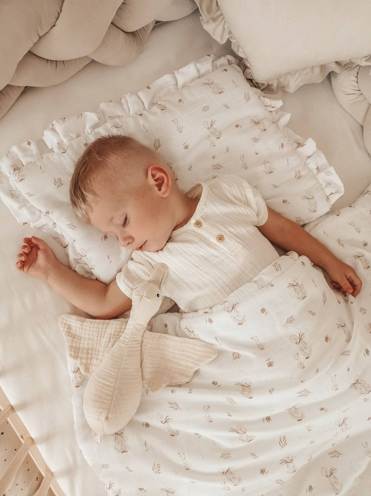 POŚCIEL MUŚLINOWA z falbanką 120x90 kołderka + poduszka WYPEŁNIENIE "MOMMY GOOSE"