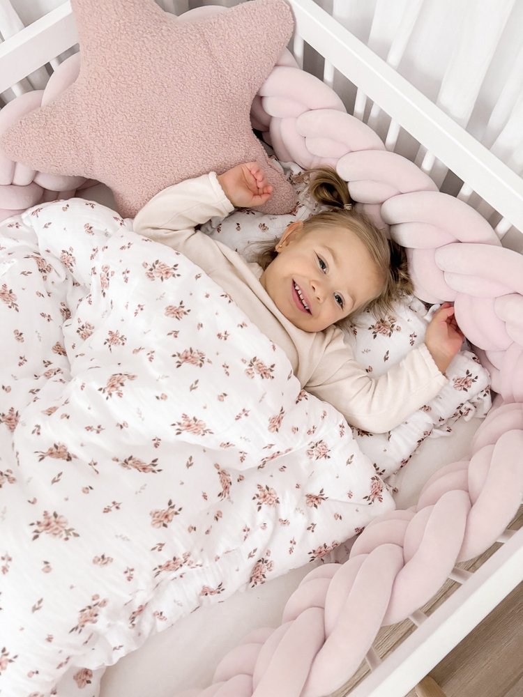 POŚCIEL MUŚLINOWA z falbanką 120x90 kołderka + poduszka WYPEŁNIENIE "LITTLE FLOWERS"