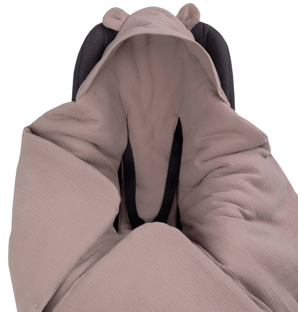 Kocyk otulacz do fotelika z kapturkiem MUŚLINOWY ocieplany