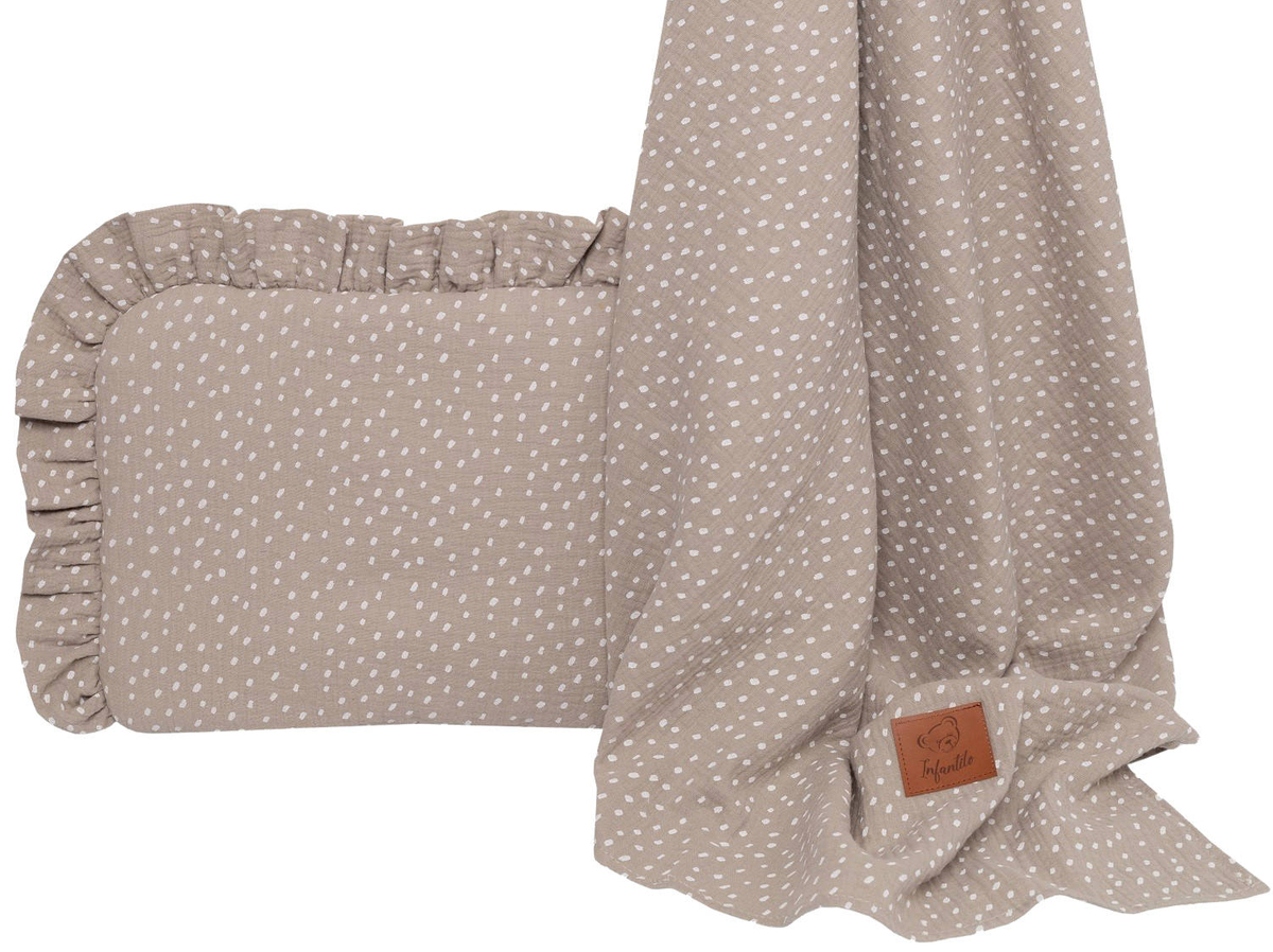 Komplet letni poduszka z falbanką i otulacz MUŚLIN DOTS