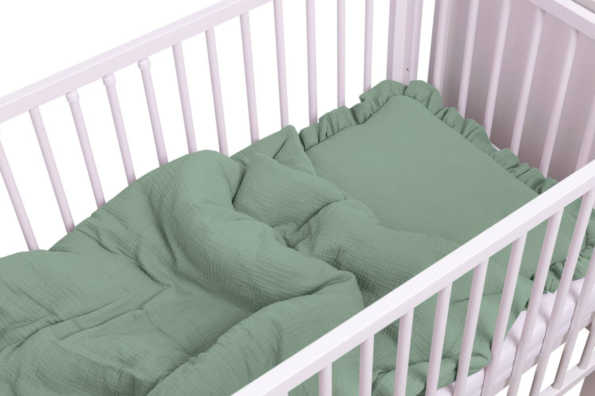 POŚCIEL MUŚLINOWA z falbanką 120x90 kołderka + poduszka WYPEŁNIENIE