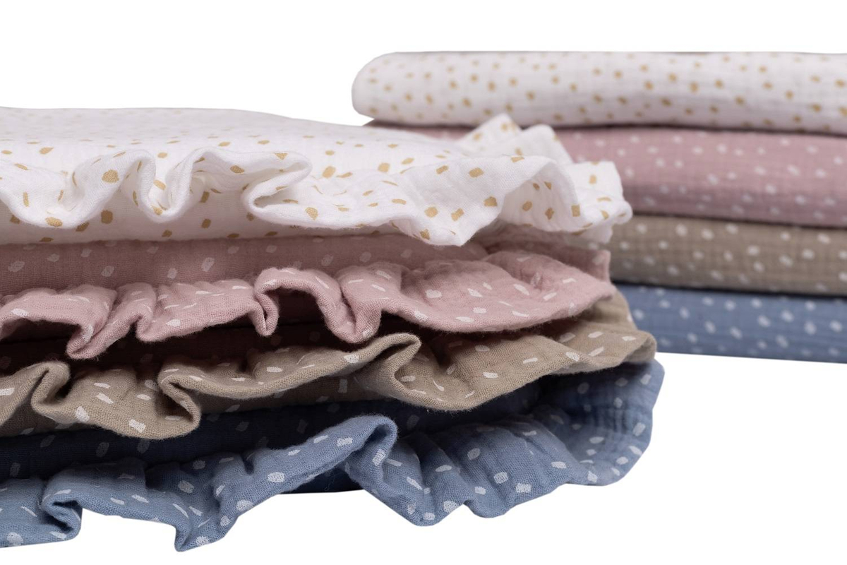 Komplet letni poduszka z falbanką i otulacz MUŚLIN DOTS