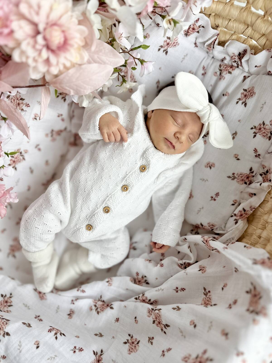 Komplet letni poduszka z falbanką i otulacz MUŚLIN LITTLE FLOWERS