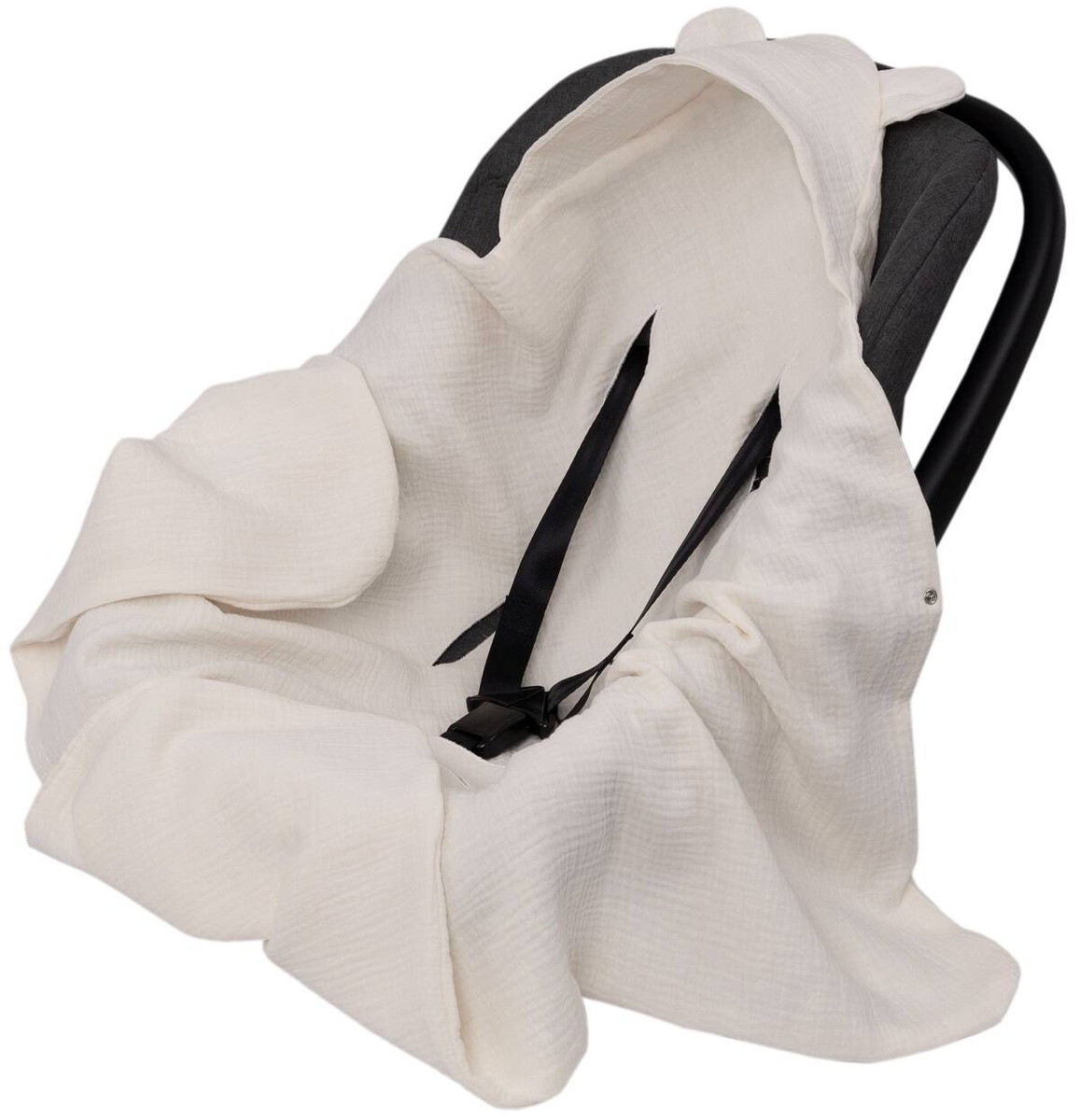 Muślinowy otulacz z kapturkiem do fotelika letni