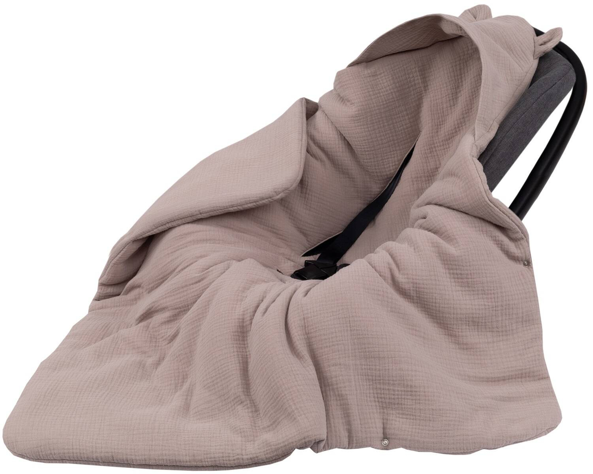 Kocyk otulacz do fotelika z kapturkiem MUŚLINOWY ocieplany