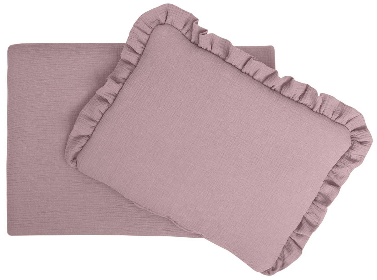 POŚCIEL MUŚLINOWA z falbanką 120x90 kołderka + poduszka WYPEŁNIENIE