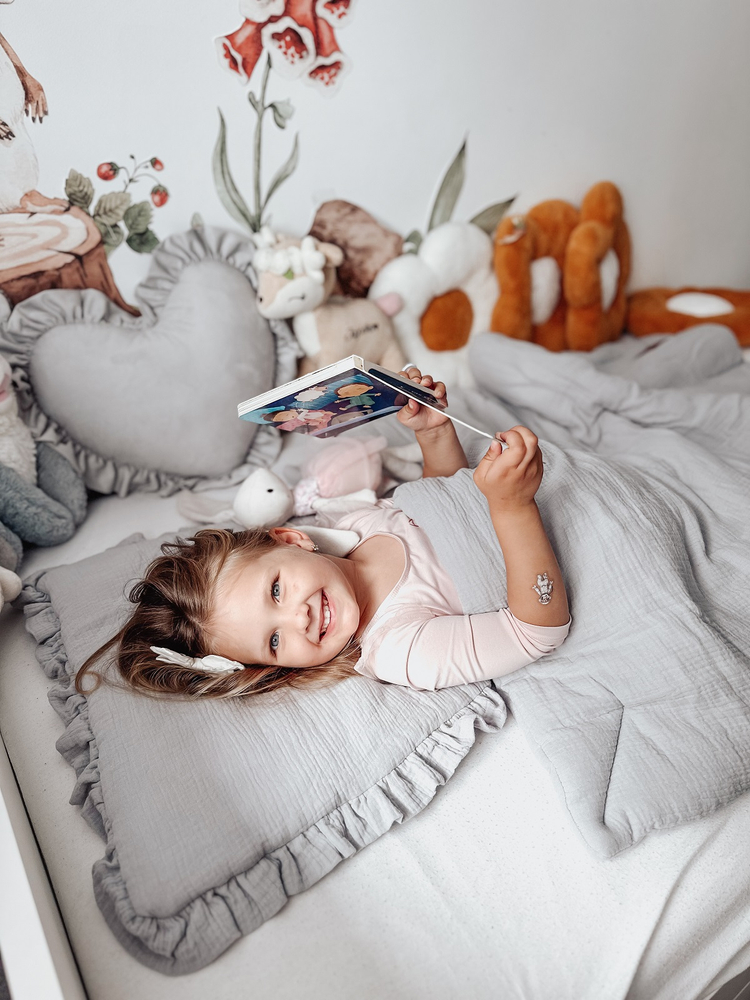 POŚCIEL MUŚLINOWA z falbanką 120x90 kołderka + poduszka WYPEŁNIENIE