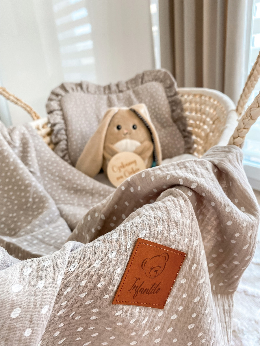 Komplet letni poduszka z falbanką i otulacz MUŚLIN DOTS