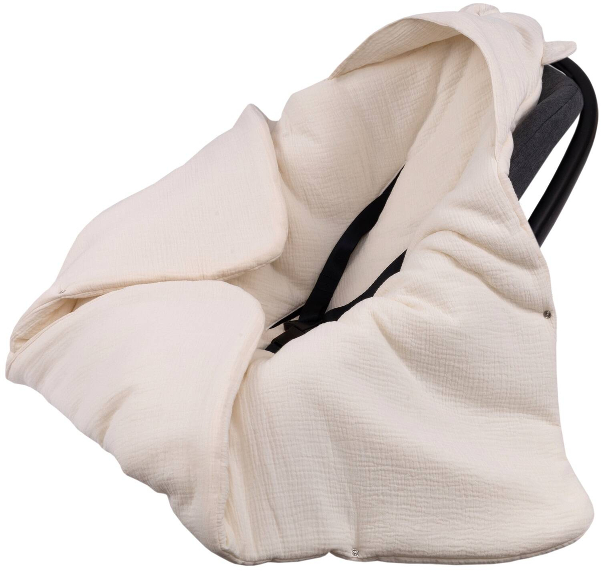 Kocyk otulacz do fotelika z kapturkiem MUŚLINOWY ocieplany
