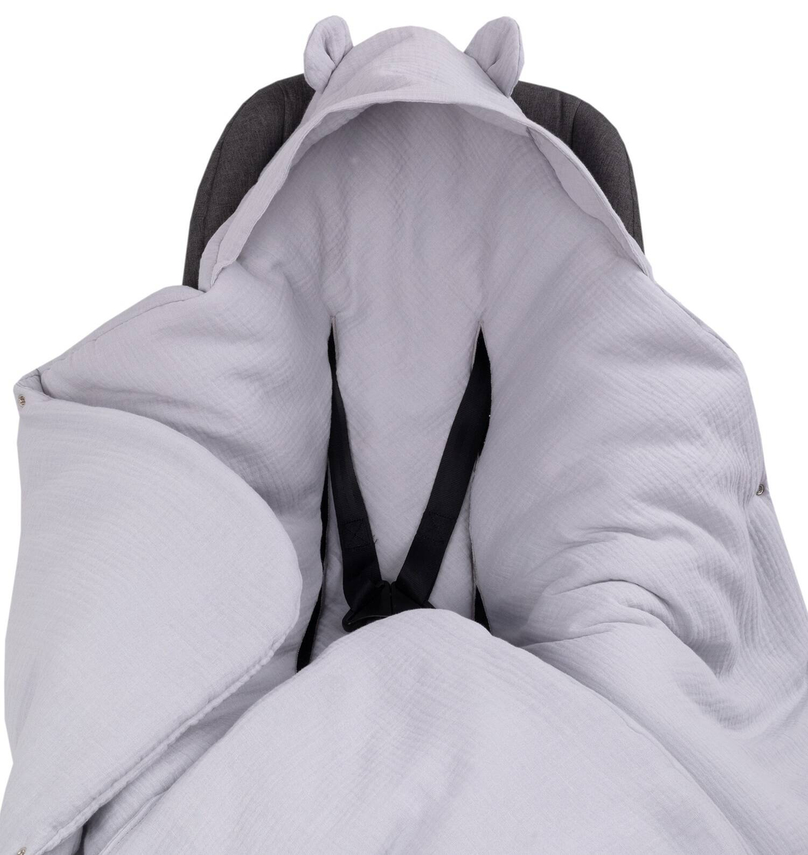 Kocyk otulacz do fotelika z kapturkiem MUŚLINOWY ocieplany