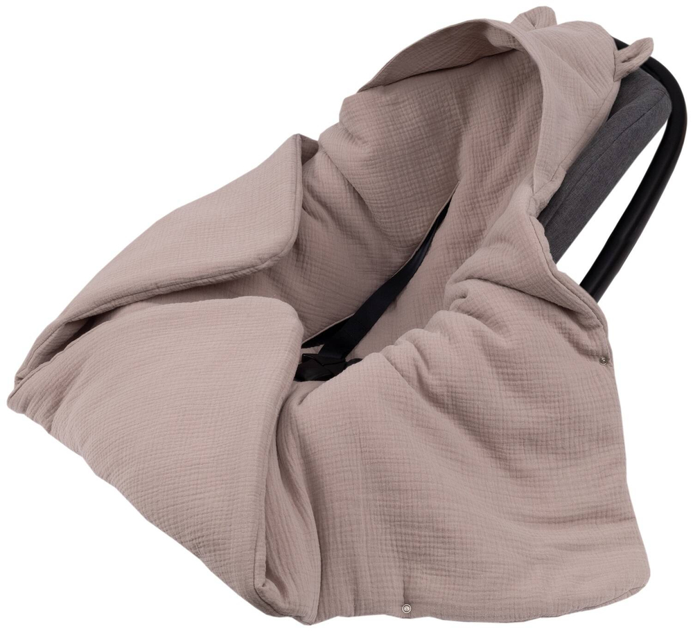 Kocyk otulacz do fotelika z kapturkiem MUŚLINOWY ocieplany