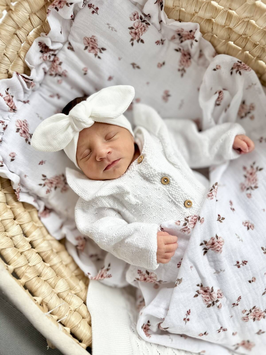 Komplet letni poduszka z falbanką i otulacz MUŚLIN LITTLE FLOWERS