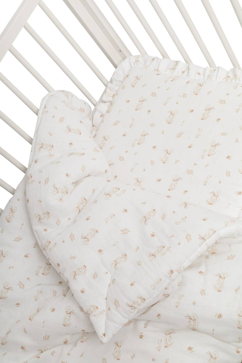 POŚCIEL MUŚLINOWA z falbanką 120x90 kołderka + poduszka WYPEŁNIENIE "MOMMY GOOSE"