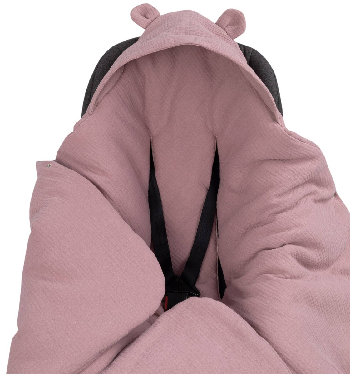 Kocyk otulacz do fotelika z kapturkiem MUŚLINOWY ocieplany