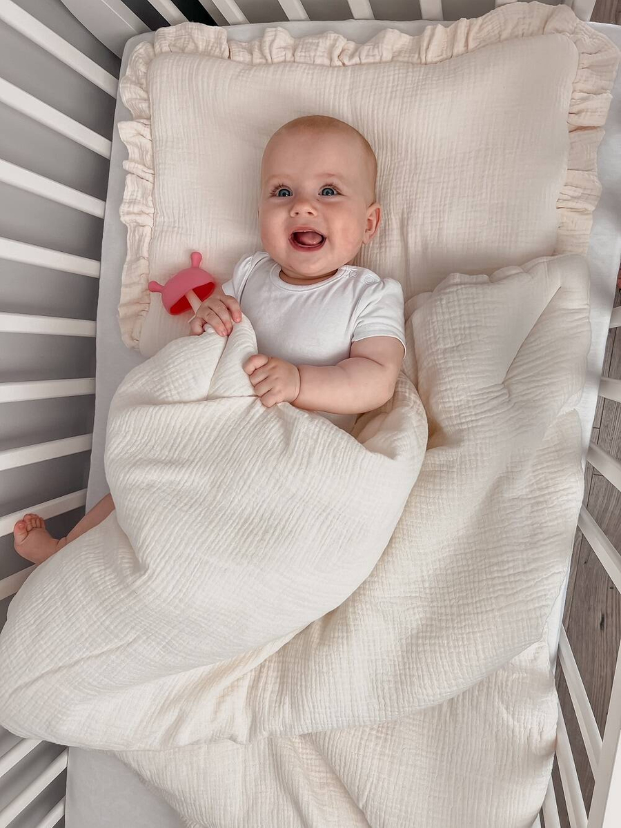 POŚCIEL MUŚLINOWA z falbanką 120x90 kołderka + poduszka WYPEŁNIENIE