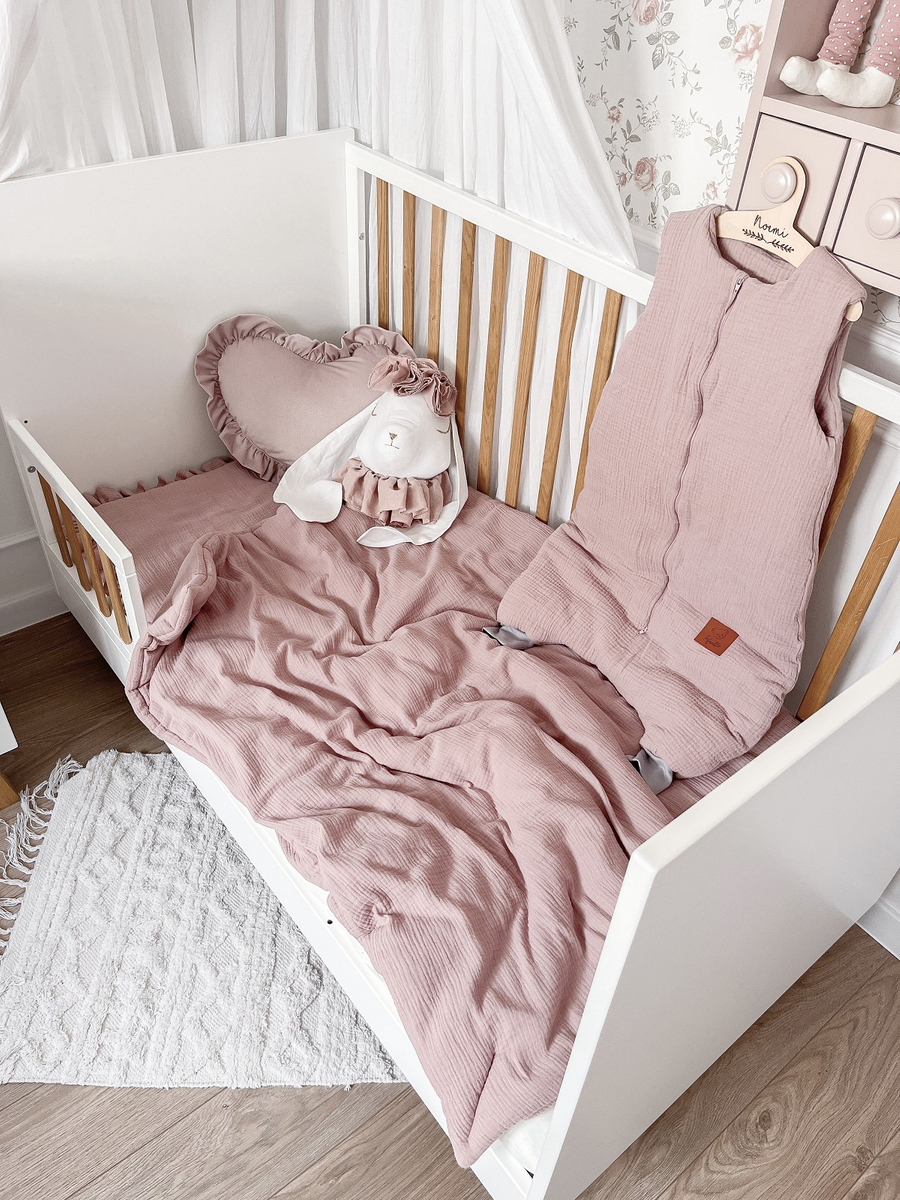 POŚCIEL MUŚLINOWA z falbanką 120x90 kołderka + poduszka WYPEŁNIENIE