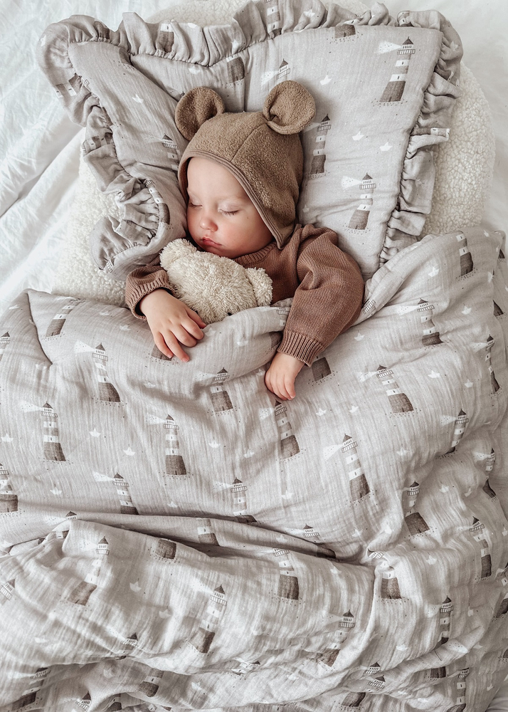 POŚCIEL MUŚLINOWA z falbanką 120x90 kołderka + poduszka WYPEŁNIENIE